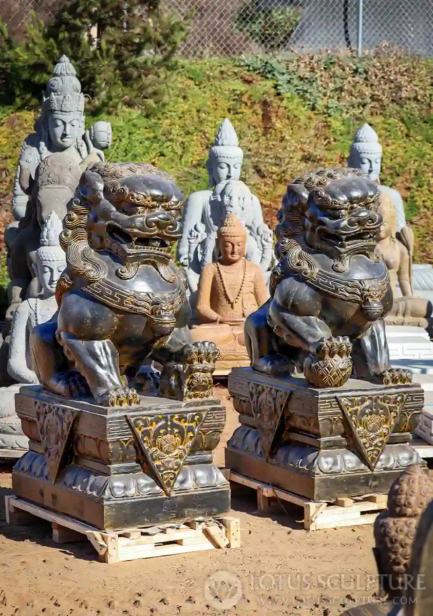 Foo Dog Guardian Lions Large Resin &  Lava Stone Garden Sculptures 60"
